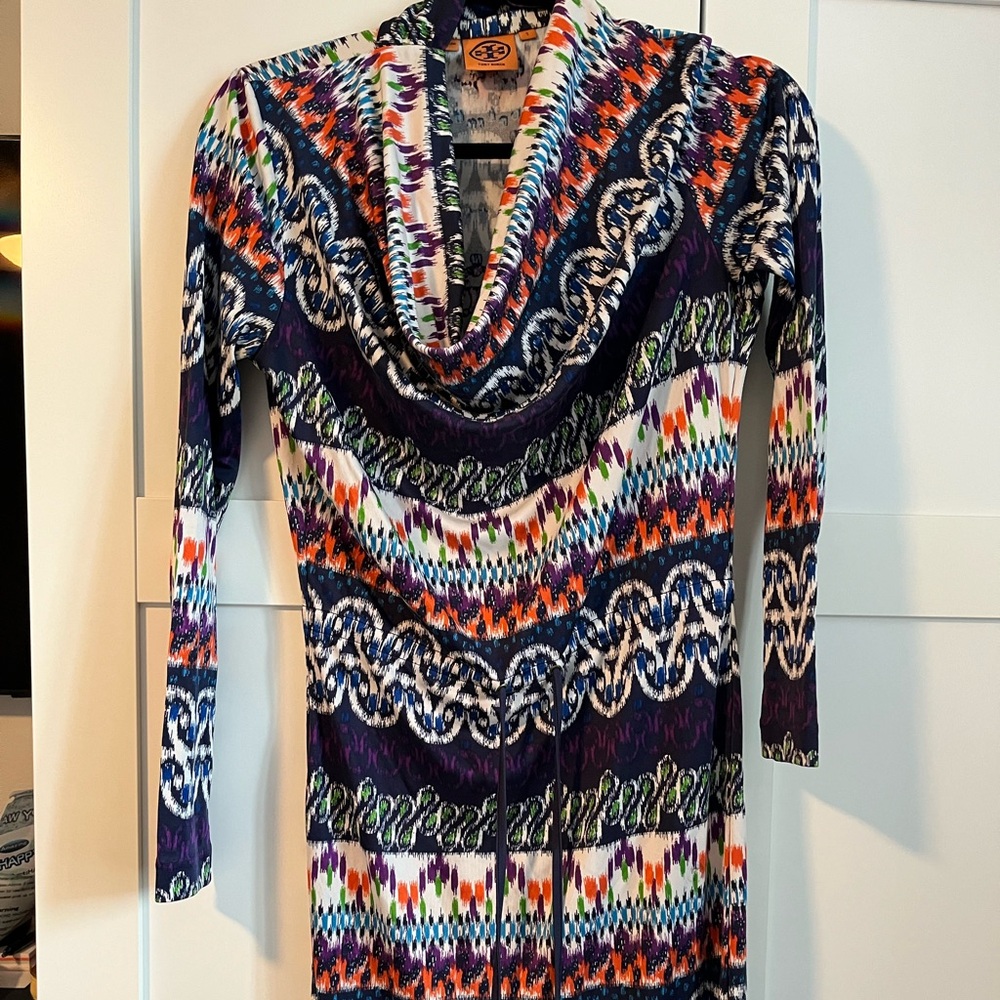 3 for $100! Tory Burch Blue and Orange Long Sleeve Cowl Neck Bodycon Dress